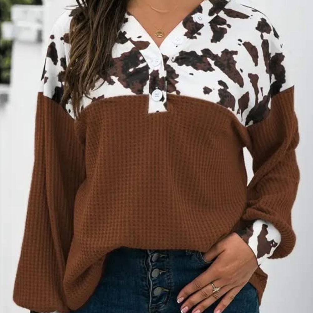 Waffle Cow Print Coffee Pullover Top (S)